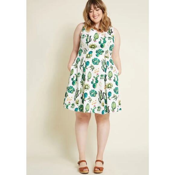Modcloth Dresses & Skirts - [Modcloth] Ixia Dashing Darling Succulent Cactus Retro A-Line Midi Dress Size 1X